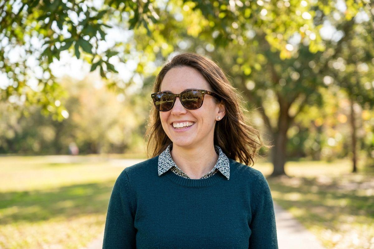 Person in sunglasses and teal sweater smiling outdoors among sunlit trees.