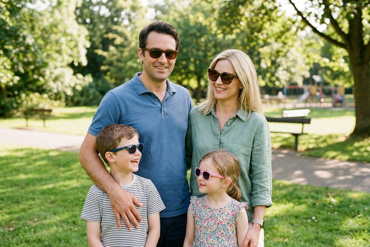Two adults and two children wearing sunglasses, smiling together in a sunny park with trees and a playground behind them.