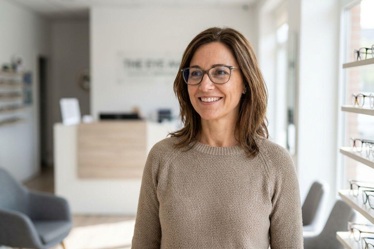 Smiling adult with glasses in an optician's shop, eyeglasses displayed on shelves to the right.