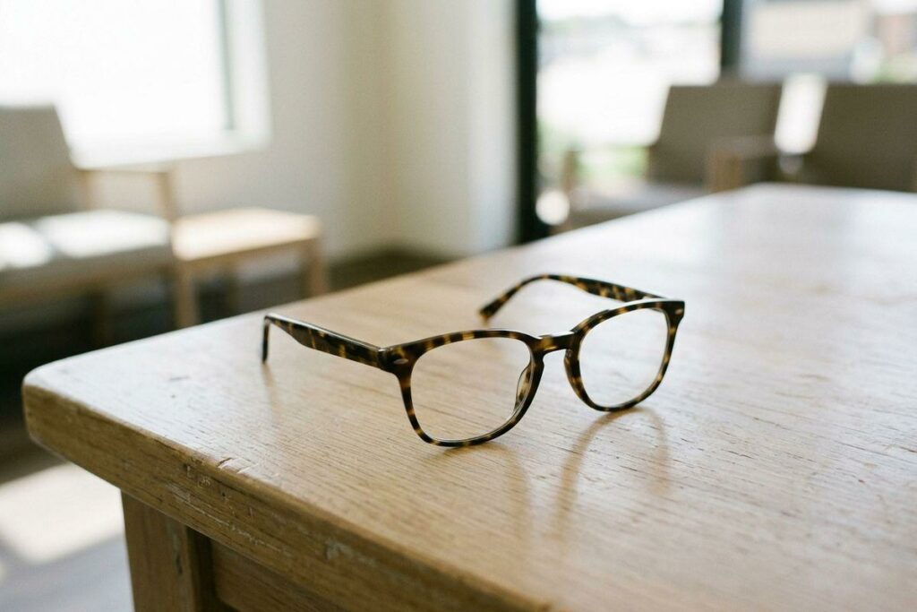 Tortoiseshell eyeglasses resting on a wooden table, with chairs and a window blurred in the background.