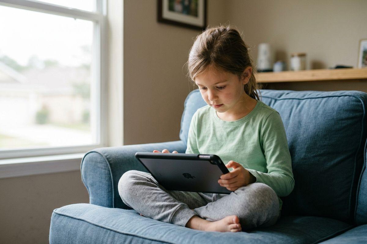 Child sitting cross-legged on a blue armchair by a window, focused on a tablet held in their lap.