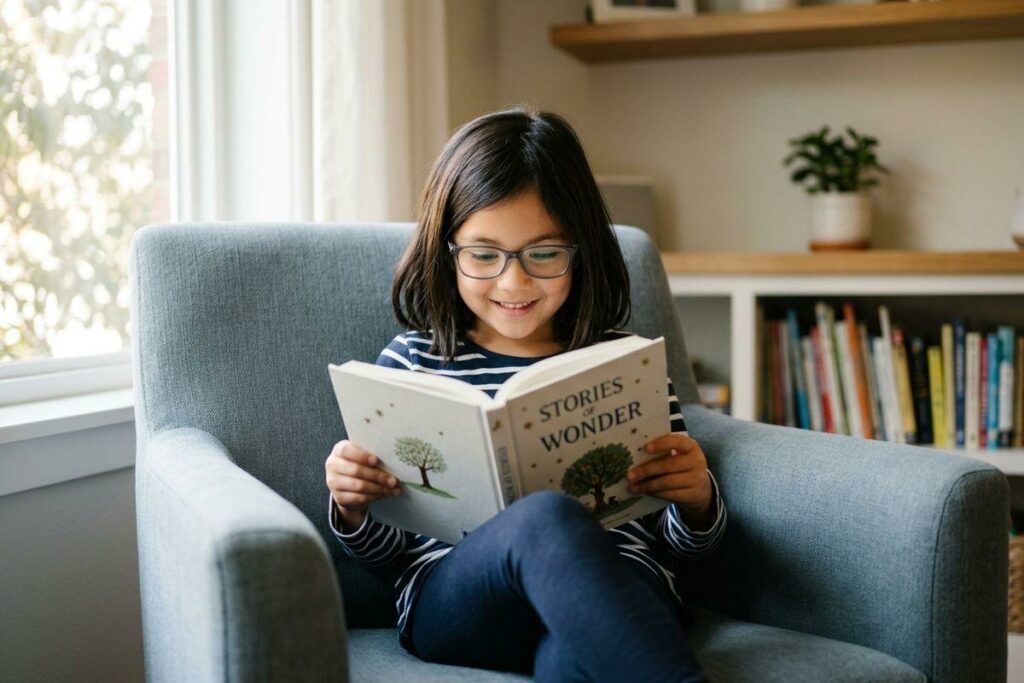 Smiling child with glasses reads a book titled "Stories of Wonder" in a gray armchair beside a bookshelf.